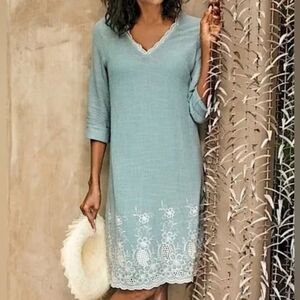 SOFT SURROUNDINGS GAUZY GREEN LONG SLEEVE EMBROIDERED COVER UP DRESS MEDIUM M